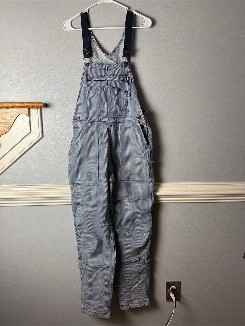 Duluth Trading Co Light Blue Striped Canvas Overalls with Navy Straps